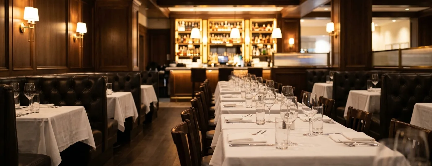 An upscale steakhouse dining room set for service and still empty, sconces on the paneling and the bar lit at the far end.