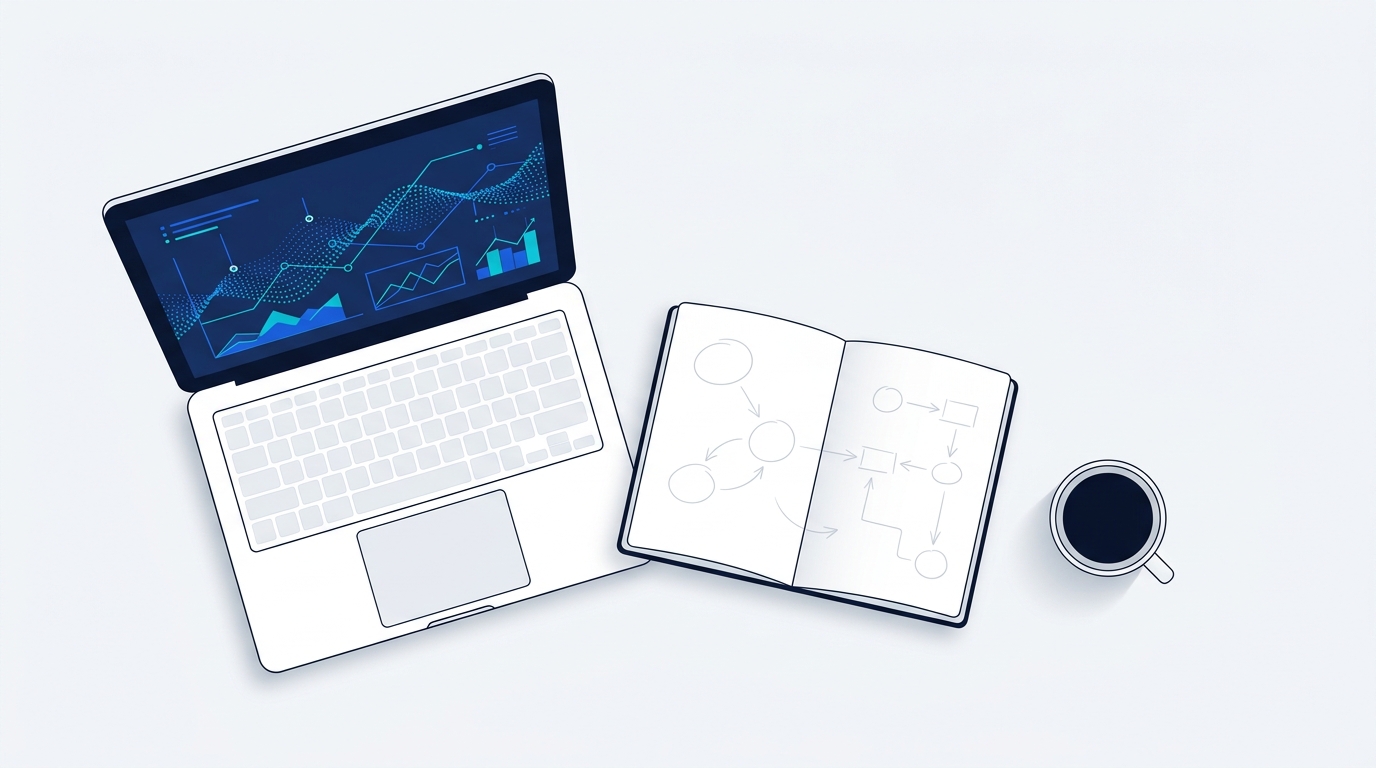 An overhead view of a laptop showing a data dashboard, a notebook with hand-drawn system diagrams, and a cup of coffee.