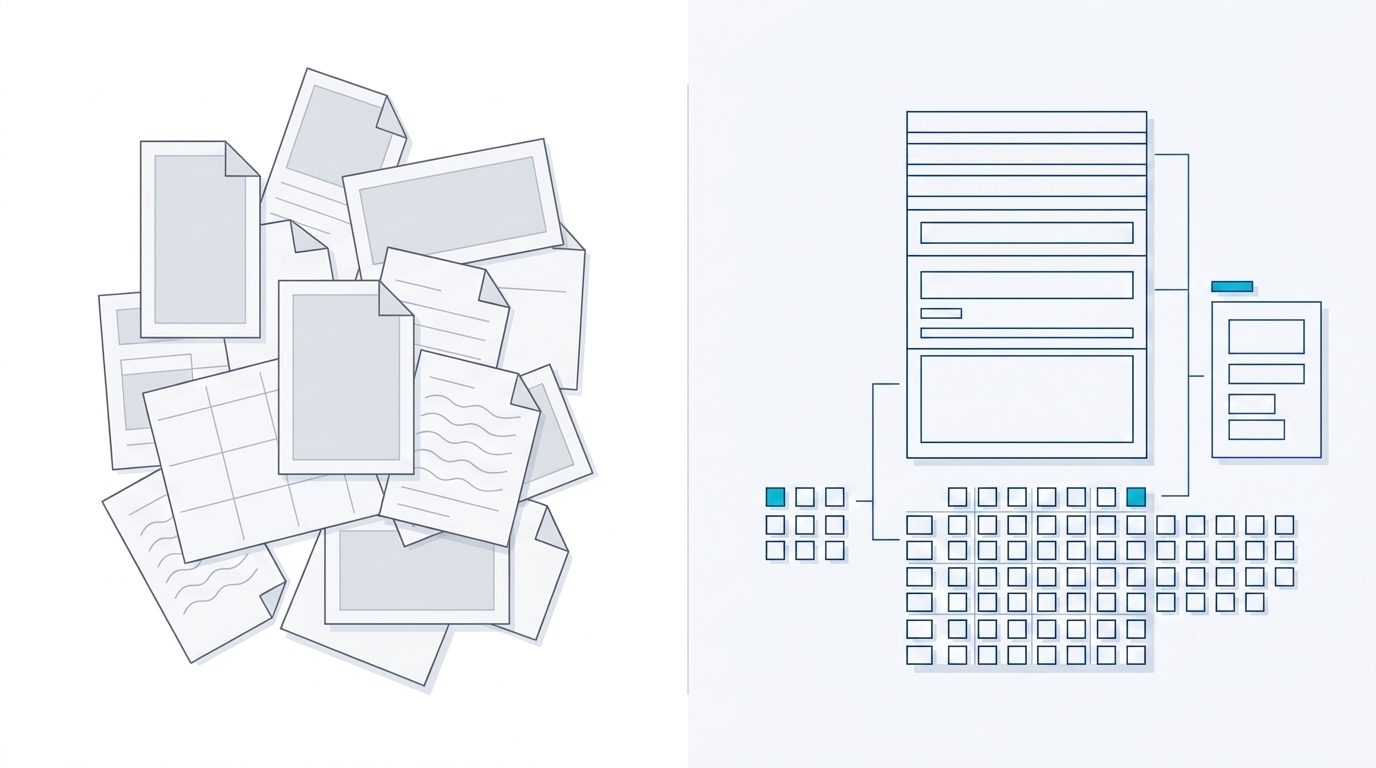On the left, a disordered pile of documents, spreadsheets, and scans. On the right, the same material resolved into an aligned structure and an indexed lattice.