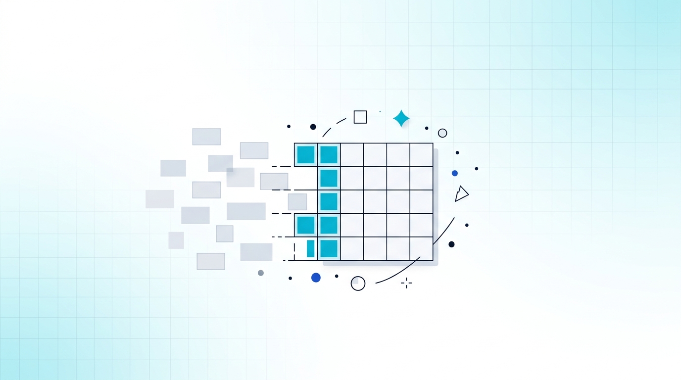 Scattered, tilted document shapes resolving into an aligned grid.