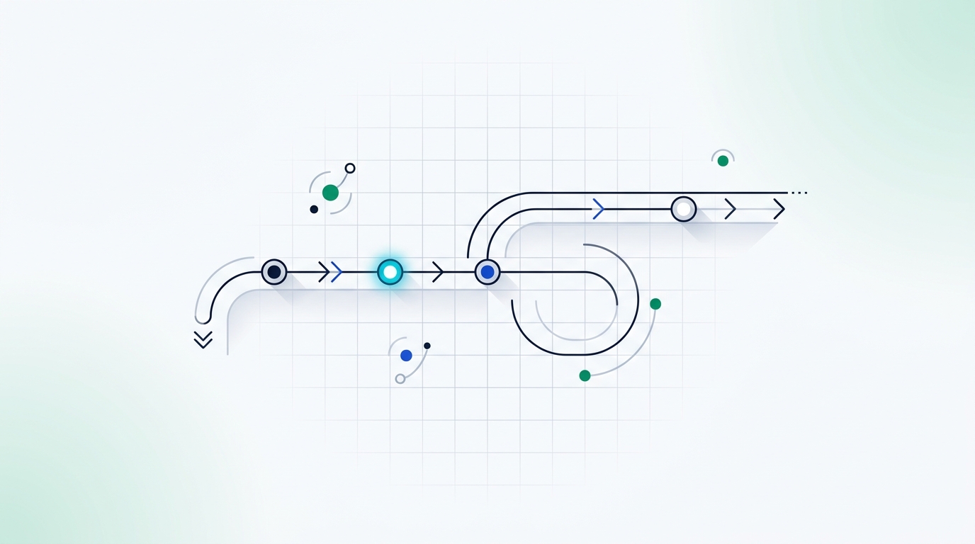 A continuous flow line with checkpoint nodes, one actively processing, looping back on itself.