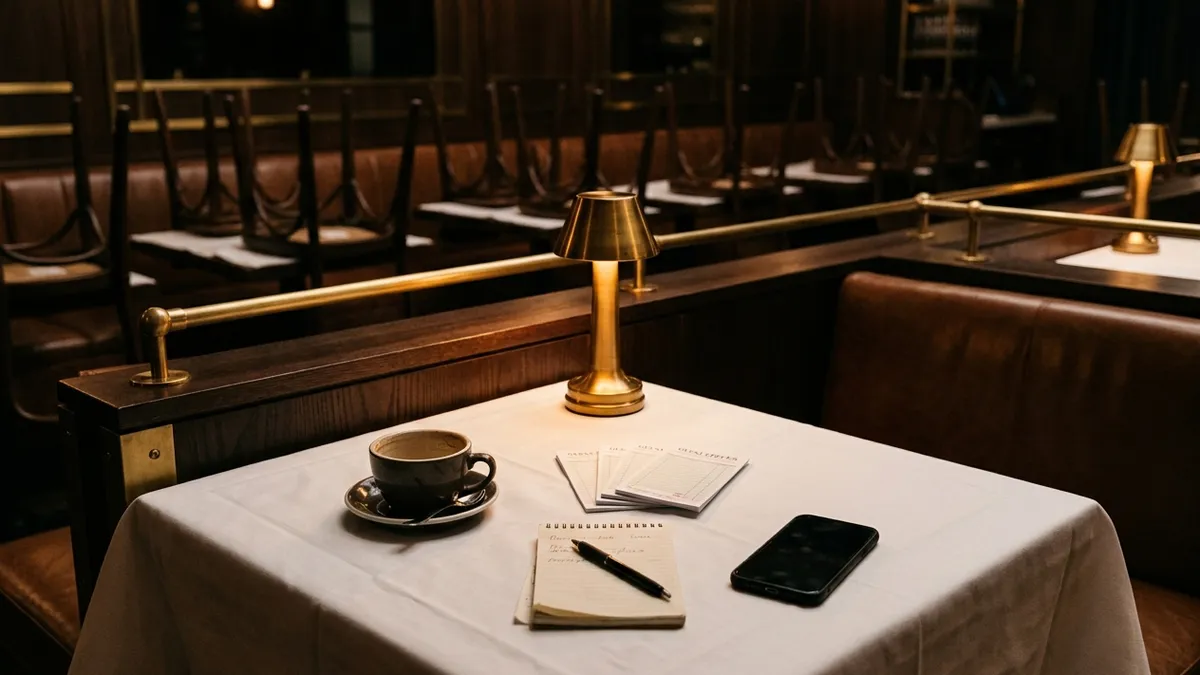 A cleared table at close with a notepad, a stack of guest checks, a coffee, and a phone, chairs up on the tables behind.