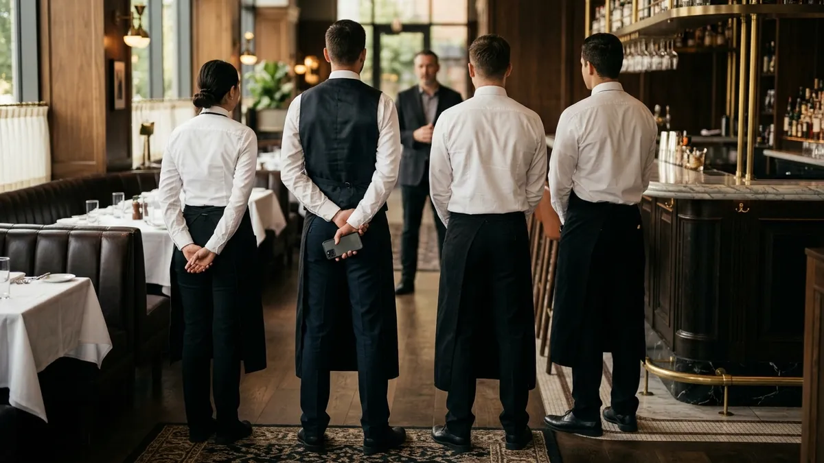 Servers lined up for a pre-shift briefing near the bar, one holding a phone behind his back.