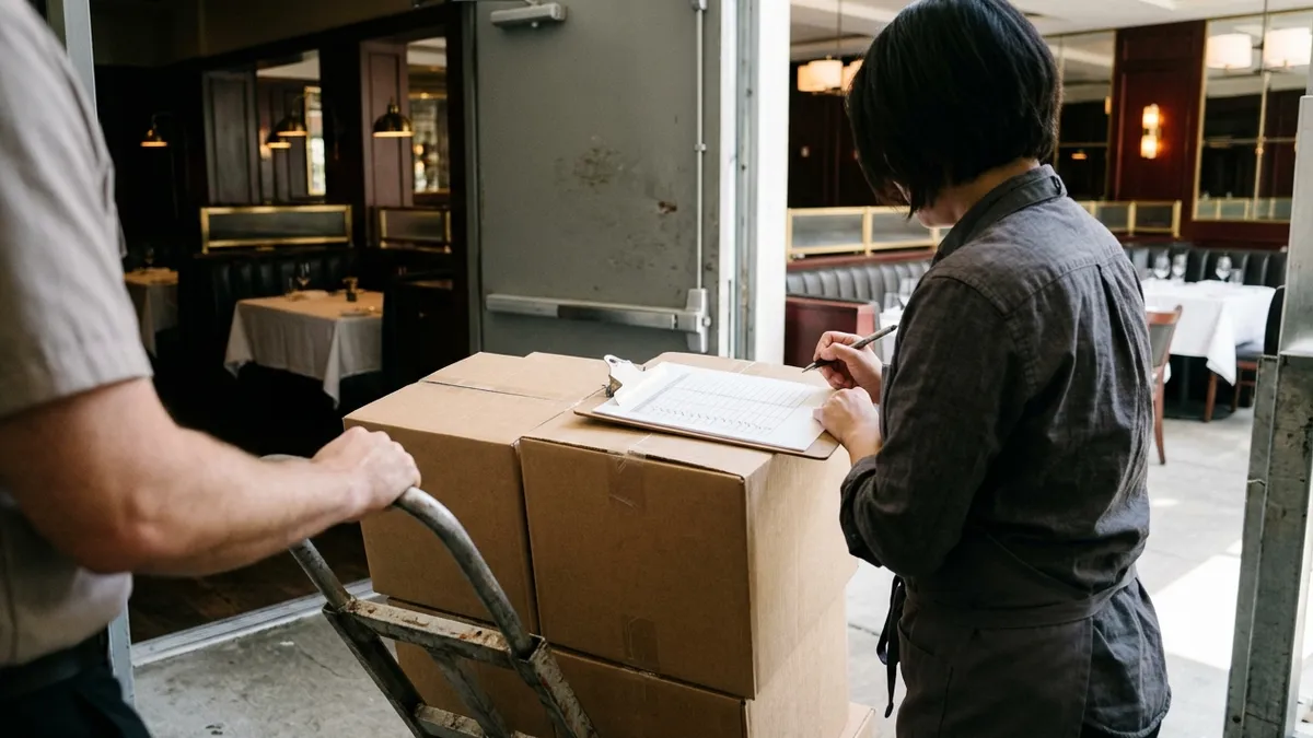 A morning wine delivery at the back door, a manager checking the sheet on a clipboard.