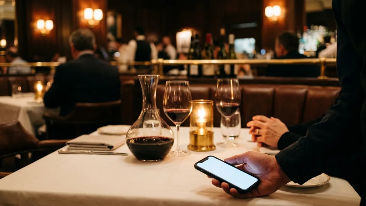 A server holding a phone at the edge of a set table, a decanter and two glasses of red wine beside it.