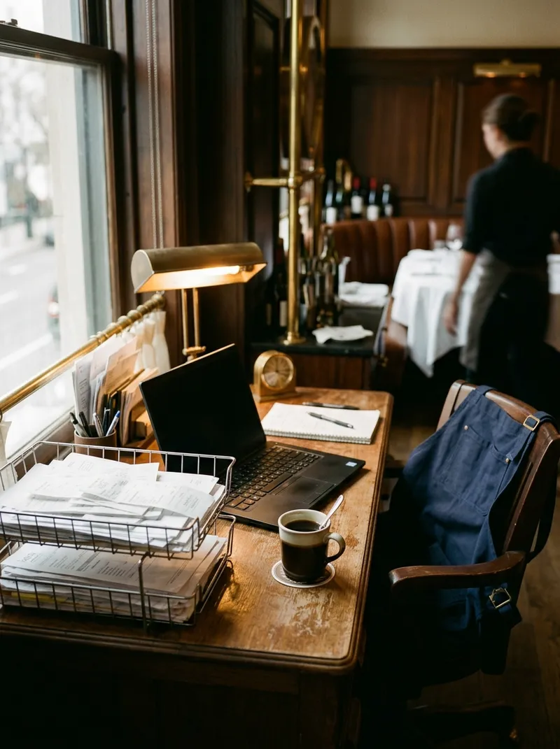 A desk by the window with wire trays of invoices, a laptop, a coffee, and an apron over the chair.