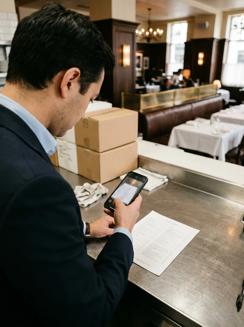A manager photographing a printed supplier sheet with a phone at the pass, cases of wine behind.