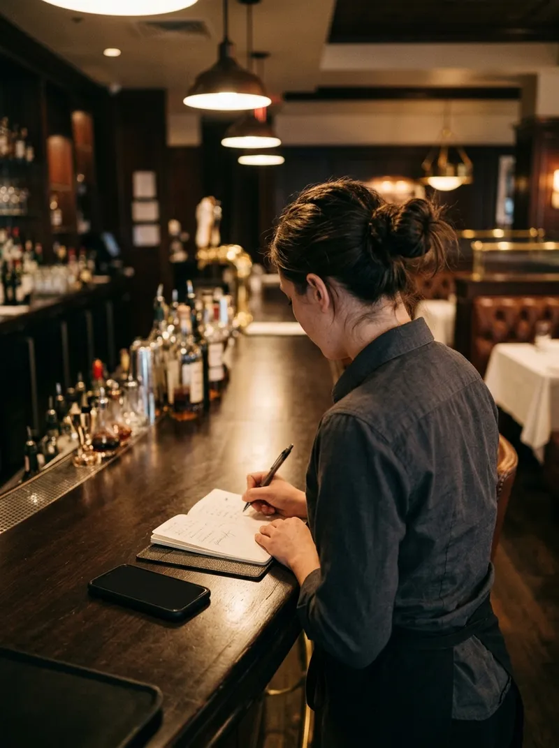 A closing server writing a few lines in a notebook at the end of the bar, a phone beside it.