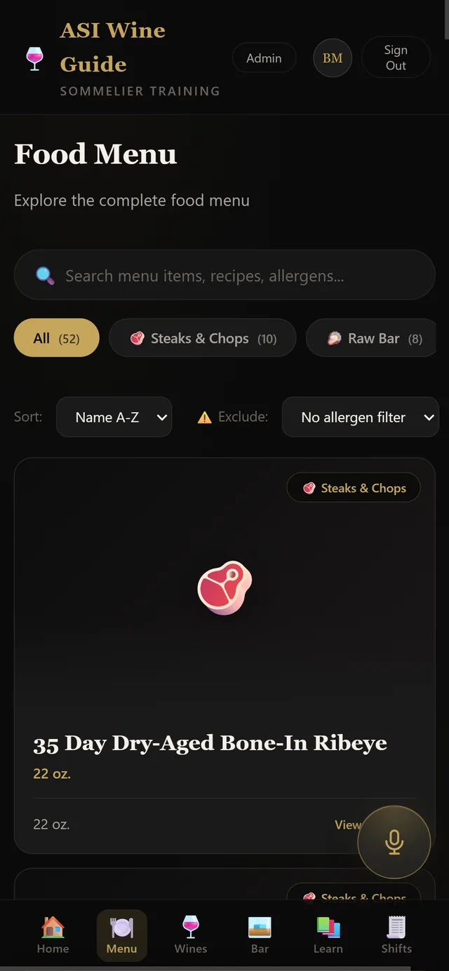 The food menu with category and allergen filters.