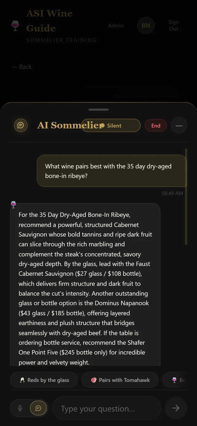 The assistant on a server's phone, asked what pairs with the dry-aged ribeye, answering with three bottles from tonight's list and why each works.
